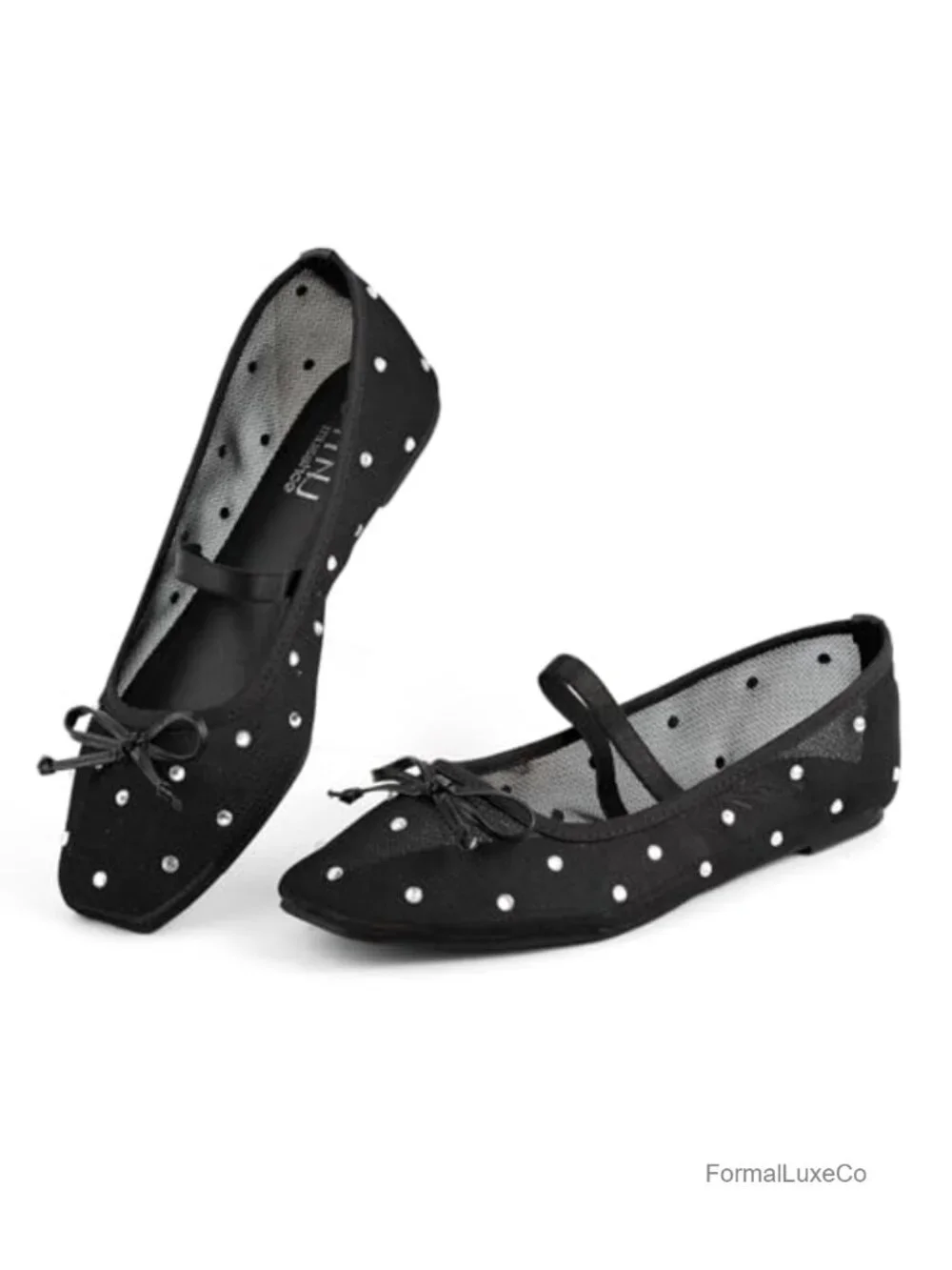 Square Toe Rhinestone Ballet Flats - Slip On Mesh Mary Jane Shoes